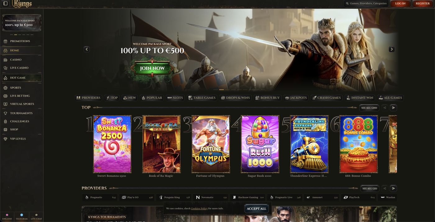 Page d’accueil de Kyngs Casino avec le bonus de bienvenue