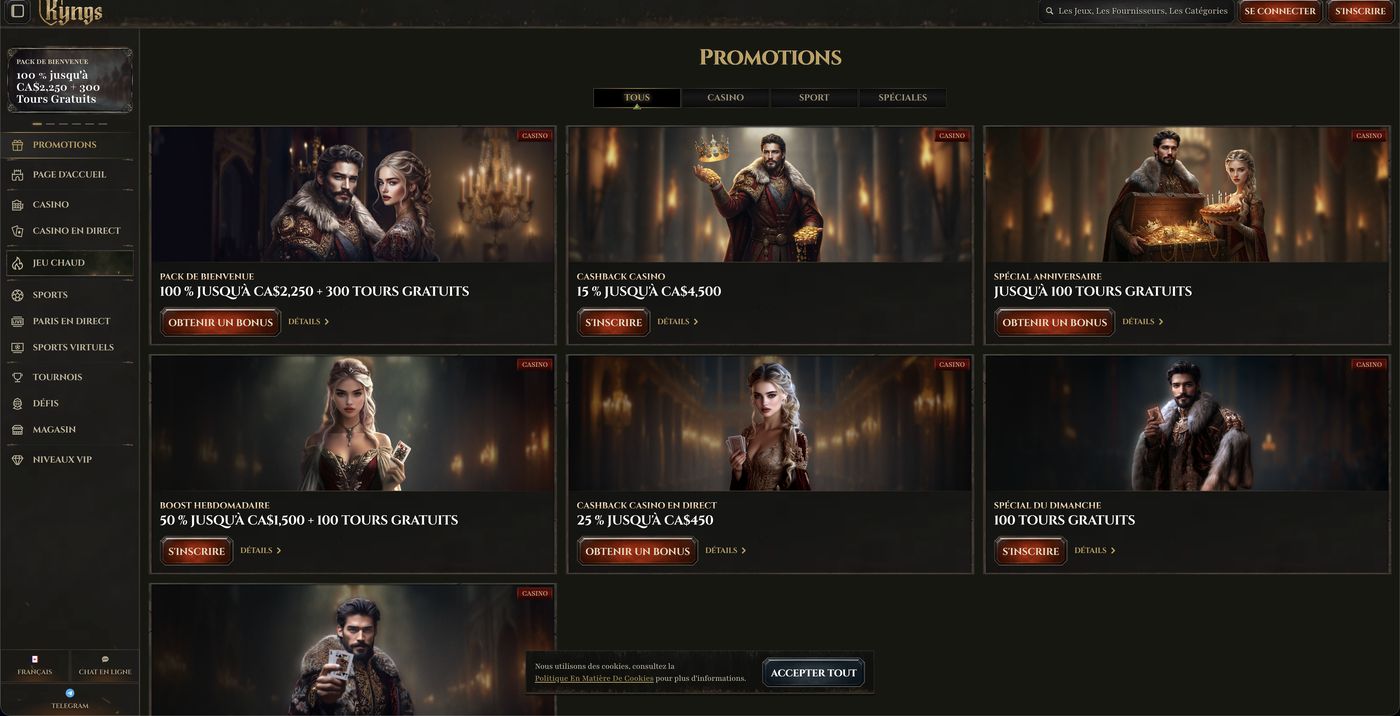 Page des promotions et bonus de Kyngs Casino